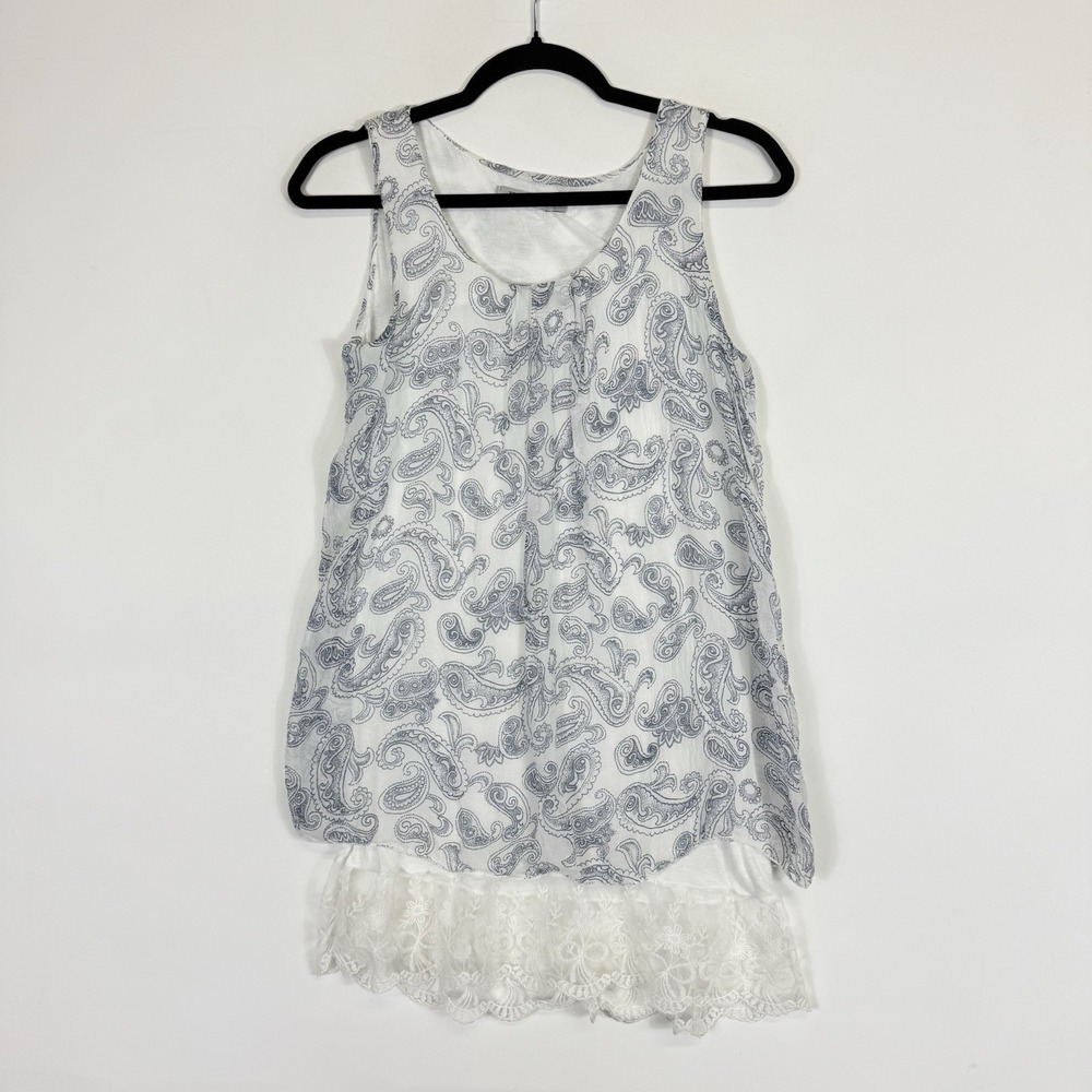 Tendenze Paisley Lace Hem Tank Top Womens‎ Small White Blue Boho Fairy Shabby